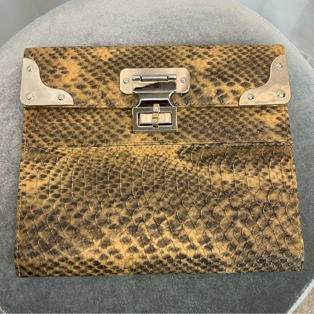 Tan brown snake print embossed iPad case gold-tone hardware